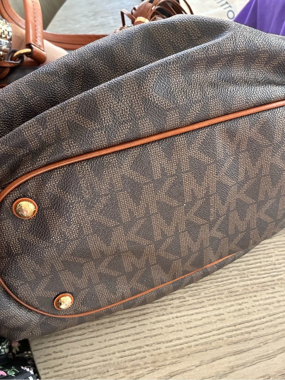 Michael Kors Brown MK Monogram Drawstring Shoulder Bag with Tan Accents